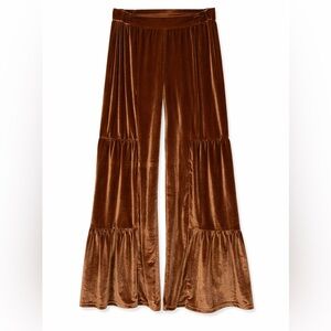 Luukse Brown Velvet Wide Leg Pants Boho Flowy Tiered Lounge Chic- Medium